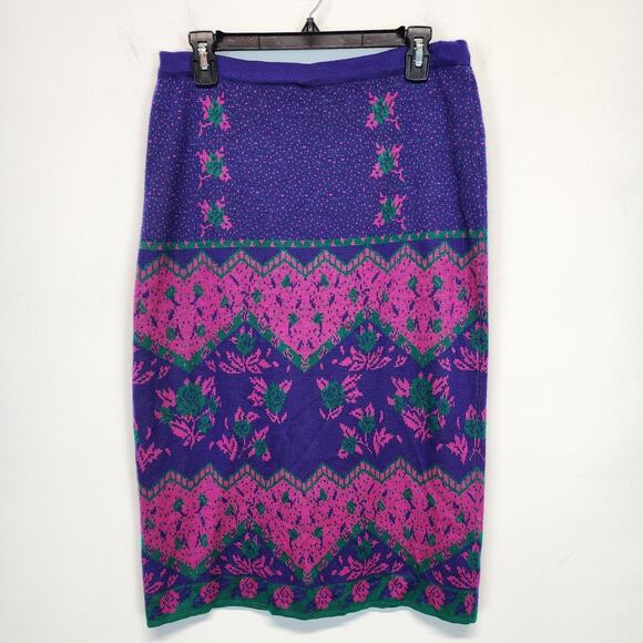 Vintage SML Sport Knit Midi Skirt Size L Purple Pink Cottage Twee Kitsch 80s 90s - Picture 2 of 9